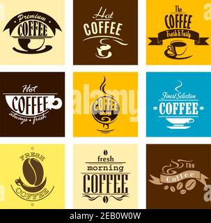 Coffee set of banners with steaming cups of coffee and aromatic coffee beans on yellow, brown and blue backgrounds for coffee shop, cafe, restaurant m Stock Vector
