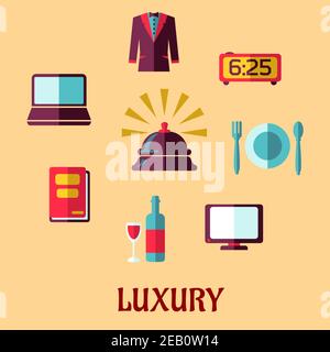 Flat concept for luxury five stars hotel with reception bell and high quality of room service icons isolated on beige background Stock Vector
