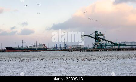 beautiful winter landscape with ship in cargo port fuel terminal at sunset time., Ventspils terminal, Latvia Stock Photo