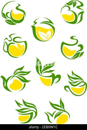 Herbal or green tea with yellow lemon icons collection with green stems and leaves decorated as cups and teapots for tea shop and menu design Stock Vector