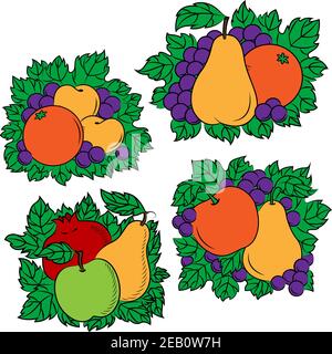 Vintage colorful fruit compositions with green and red apples, yellow pears, orange, apricots, pomegranates and grape with leaves Stock Vector