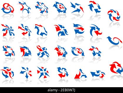 Large icon set of red and blue arrows symbols with shadows on white background Stock Vector