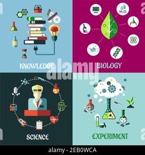 Science concepts in flat style for experiment with flask and test tubes icons, for biology with microscope, dna, atom icons, for science with medical Stock Vector