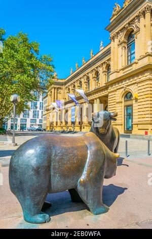 FRANKFURT, GERMANY, AUGUST 18, 2018: Statues of a bear and a bull in front of Stock Exchange building in Frankfurt, Germany Stock Photo