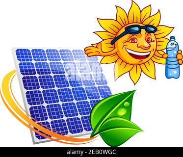 Cartoon sun with water bottle and solar panel with green frame Stock ...