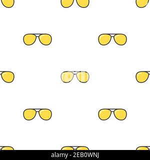 Seamless pattern with Yellow hipster sun glasses. Vector illustration on white background. Summer unisex sunglasses texture. Stock Vector