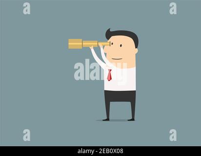 Cartoon style businessman looking for success, opportunities, future business trends through a yellow telescope Stock Vector