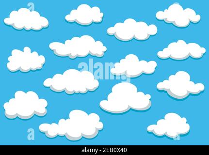 White fluffy clouds on spring blue sky in cartoon style for background or wallpaper design and page fill Stock Vector