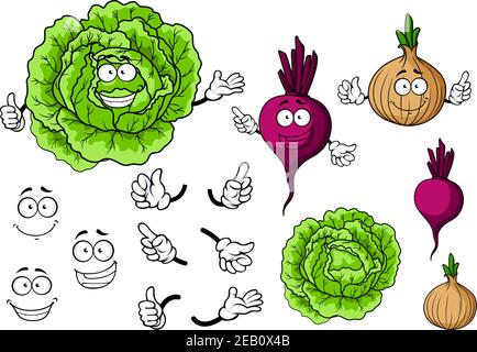 Cartoon smiling vegetable characters with fresh cabbage, onion and beet for organic food and healthy eating concept design Stock Vector