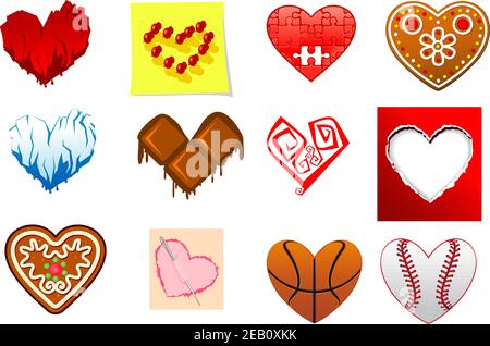 Colourful heart shapes set with ice, sports, turned paper, gingerbread, puzzle, chocolate and fire elements Stock Vector