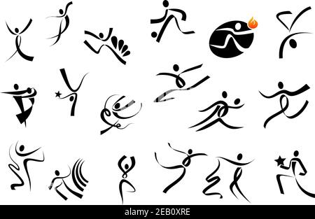 Sport icons of football, acrobatics, gymnastics, sport dance, running, jumping with people silhouettes for competition and healthcare design Stock Vector
