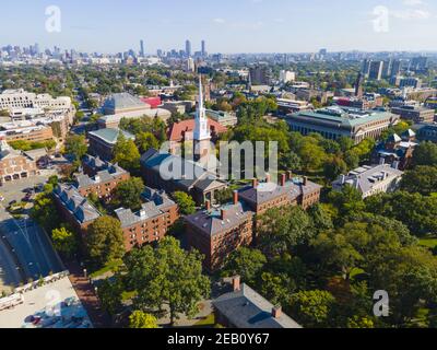 Aerial view of Old Harvard Yard including Memorial Hall, Memorial Church, Widener Library and University Hall in historic center of Cambridge, Massach Stock Photo