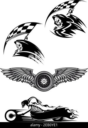 Tribal motocross mascot or tattoo design with skeleton on motorcycle with billowing flames, wings with wheel and demon in the hood holding checkered f Stock Vector