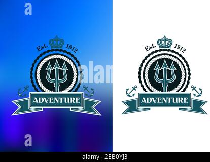 Nautical heraldic emblem with trident, rope frame, royal crown, anchors and adventure ribbon Stock Vector