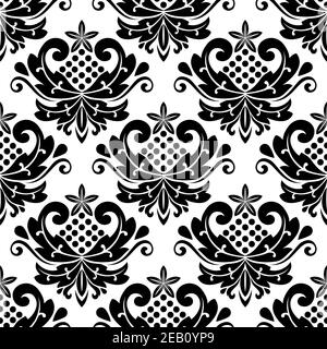Classic damask seamless pattern with dainty retro black flowers on white background Stock Vector