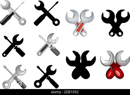Wrenches and screwdrivers in various styles isolated on white background for repair, settings, technical support web design Stock Vector
