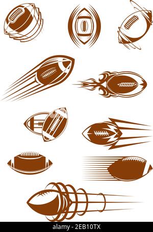 Brown icons of american football or rugby leather balls whirling and flying through the air with motion trails for sporting design Stock Vector