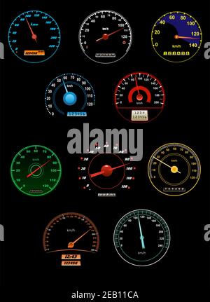 Speedometers and speed dials set for racing or transportation design Stock Vector