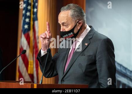 Washington, United States. 11th Feb, 2021. Senate Majority Leader Charles Schumer, D-NY, speaks at a news conference at the U.S. Capitol on February 11, 2021 in Washington, DC. Schumer spoke about the need to pass the COVID-19 relief package as part of the budget resolution. Photo by Ken Cedeno/Sipa U. SA Credit: Sipa USA/Alamy Live News Stock Photo