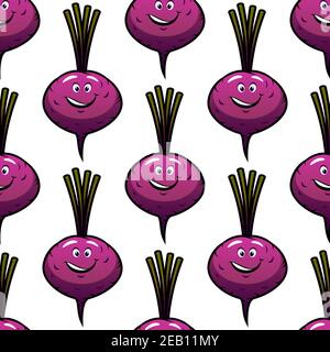 Vegetable seamless background with funny purple beet in cartoon style on white background suited for healthy nutrition concept or vegetarian menu desi Stock Vector