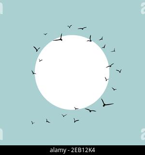 Card frame with circle and flying birds Black swallows in the sky with white sun. Bird trace. Freedom, romantic, dreams, lyric. Text box, background Stock Vector