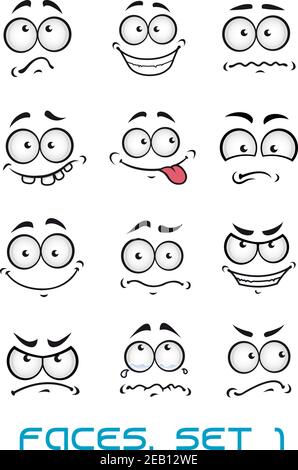 Cartoon faces with different emotions as happiness, joyful, comics, surprise, sad and fun Stock Vector