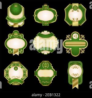 Retro luxury labels in golden and green colors with ornate floral decorative elements, ribbon banners and crowns for premium product pack and beverage Stock Vector