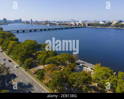 Boston Harvard Bridge on Charles River aerial view that connects city of Cambridge and Boston, Massachusetts MA, USA. Stock Photo