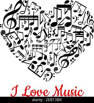 Musical heart with notes ant text I love music Stock Vector