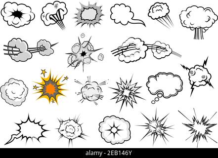Comic book explosion clouds and speech bubbles with motion trails, stars and lightnings in cartoon style Stock Vector