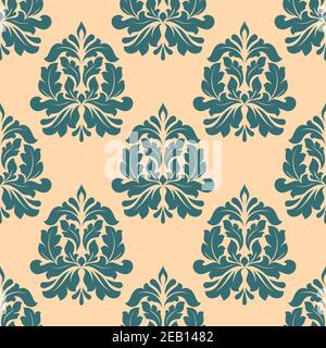 Dark green stylized iris flowers in seamless damask tracery pattern with gentle curls of petals and leaves on peach background for wallpaper and texti Stock Vector