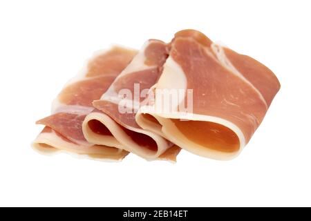 Italian prosciutto crudo or jamon. Raw ham. Isolated on white background Stock Photo