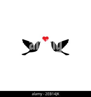 Two black dove birds with red heart on white background. Saint Valentine vector illustration. Romantic greeting card. Love symbol. Stock Vector