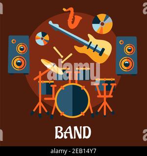 Musical band flat concept with drum set, electric guitar, drum sticks, saxophone, disks and speakers on brown background Stock Vector