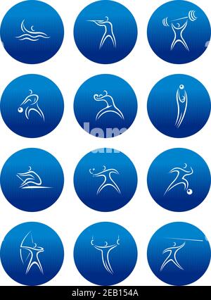 Abstract silhouettes of athletes with equipments depicting different kind of sports in blue circles for sporting design Stock Vector