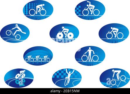 Bicycle sport blue glossy icons showing abstract cyclists silhouettes with bikes for sporting competition design Stock Vector