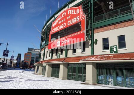 A general view of Wrigley Field and red marquee sign at main entrance, Sunday, Feb. 7, 2021, in Chicago. The stadium is the home of the Chicago Cubs. Stock Photo