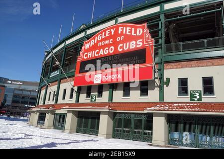 A general view of Wrigley Field and red marquee sign at main entrance, Sunday, Feb. 7, 2021, in Chicago. The stadium is the home of the Chicago Cubs. Stock Photo