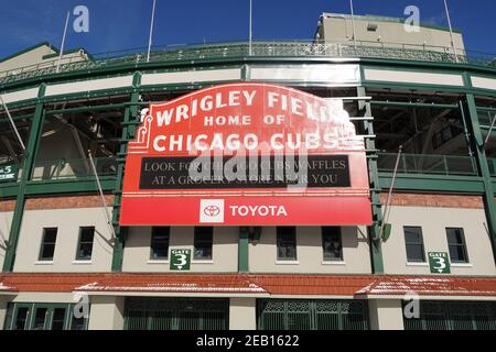 A general view of Wrigley Field and red marquee sign at main entrance, Sunday, Feb. 7, 2021, in Chicago. The stadium is the home of the Chicago Cubs. Stock Photo