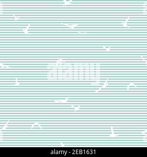 Seamless abstract pattern with flying birds on blue stripes. white background. Vector illustration. Stock Vector