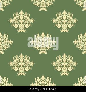 Foliate pattern in baroque style with seamless ornament of ornate beige leaves scrolls and curly tendrils on green background for wallpaper and tile d Stock Vector