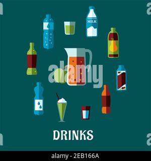 Flat non alcoholic drinks concept with pitcher and fresh apple encircled bottles of water, milk, juice, cola, lemonade and glasses with cocktails Stock Vector