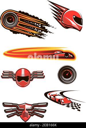 Racing symbols in red and orange colors with helmet and speedometers in fire flames, racing cars on a checkered roads, motocross helmet and shield on Stock Vector