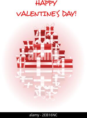 Valentines day card depicting pile of red gift boxes decorated white shining ribbon bows with reflection and greeting caption Happy Valentines Day Stock Vector