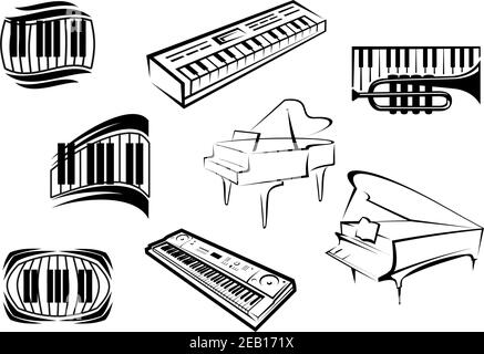 Piano musical outline icons and symbols with piano keyboards, grand pianos, synthesizers and trumpet suitable for classical and jazz music concept des Stock Vector