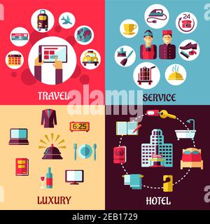 Travel and services flat concept with icons depicting internet booking, luxury, hotel, room service, reception and service staff symbols Stock Vector