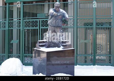 A statue of former Chicago Cubs public address announcer Harry Caray at Wrigley Field, Sunday, Feb. 7, 2021, in Chicago. Stock Photo
