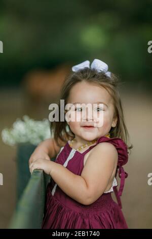 Beautiful two year old girl with a purple dress outside climbing on a green wooden fence Stock Photo