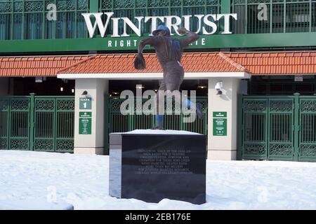 A statue of former Chicago Cubs left fielder and broadcaster Ron Santo  at Wrigley Field, Sunday, Feb. 7, 2021, in Chicago. Stock Photo
