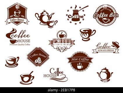 Coffee icons, banners and logos in brown suitable for restaurants, coffee house and coffee bar showing pots and cups of coffee some with text and fram Stock Vector